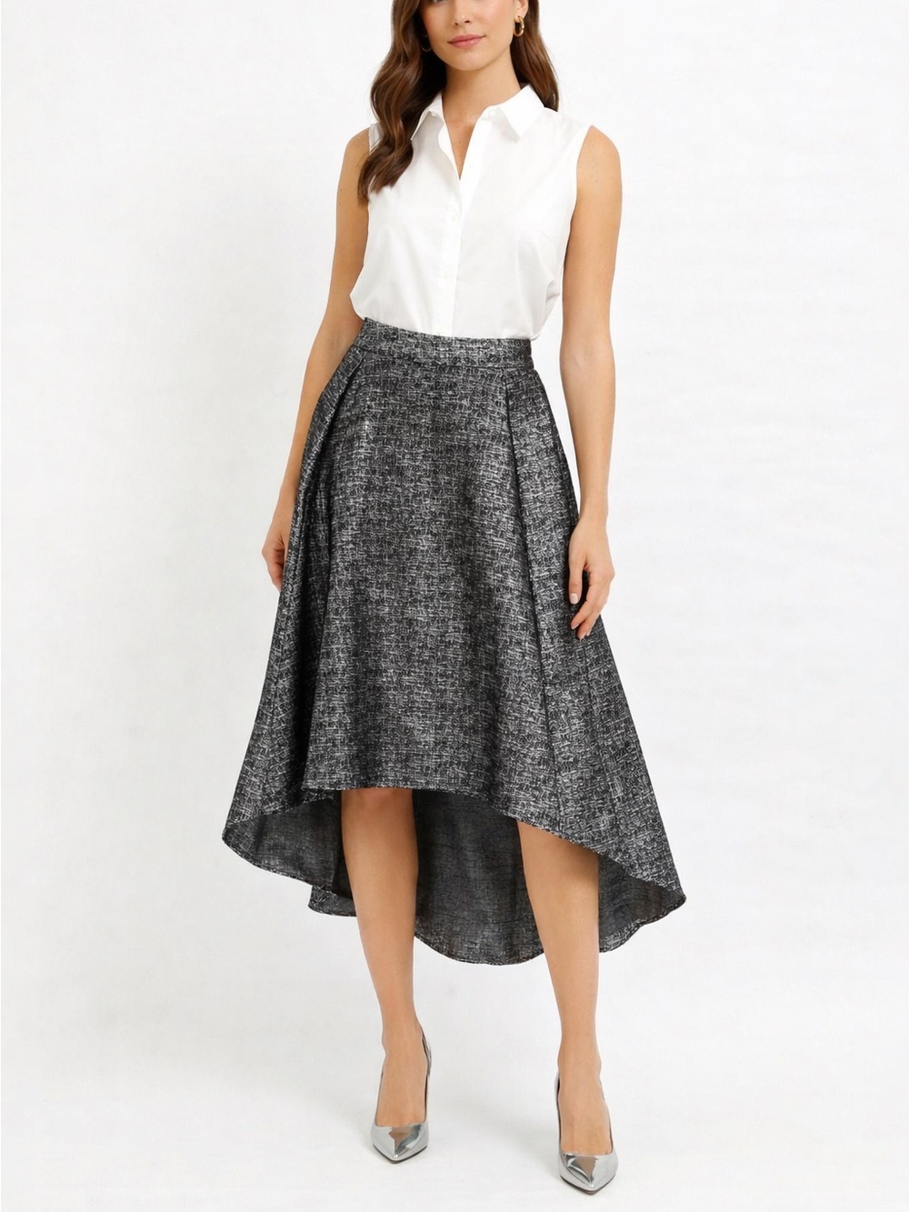 Lela Rose Textured High‑Low Skirt Gray Size 8 Made in USA Elegant Feminine